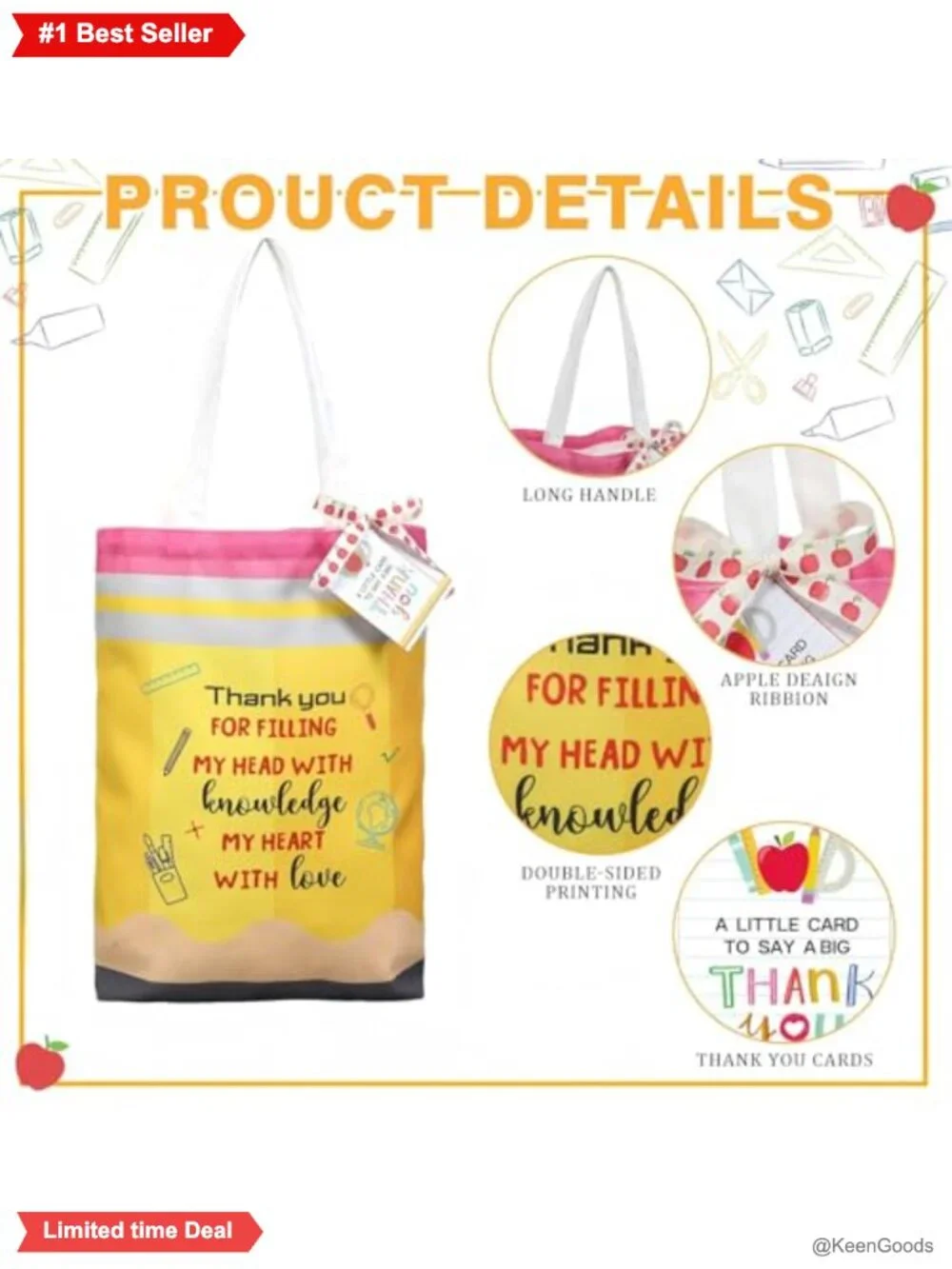 6 Canvas Tote Bags Thank You Tags Reusable Teacher Gift Bag Set